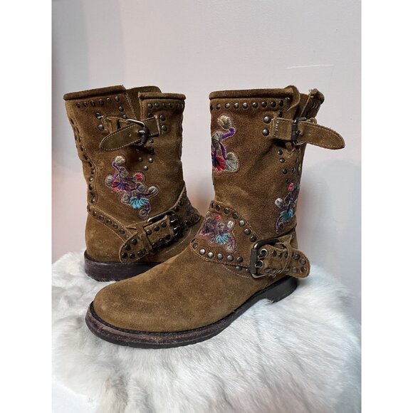 Frye Womens Nat Studded Flower Embellished Suede Engineer Boots Size 8 FITS 7.5 - Picture 2 of 10